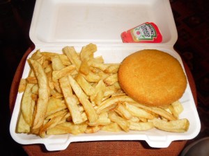 Fishcake and "small" chips.